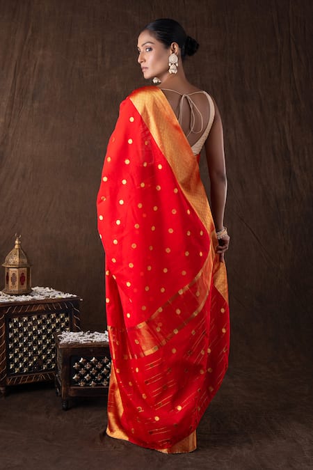 Zal From Benaras Red Katan Silk Zari Boota Banarasi Saree Set 