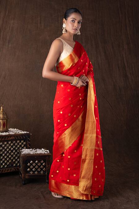 Zal From Benaras_Red Kota Doria Zari Katan Silk Boota Banarasi Saree Set _at_Aza_Fashions
