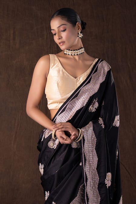 Buy_Zal From Benaras_Black Silk Embroidery, Zari Pure Katan Handwork Saree Set _Online_at_Aza_Fashions