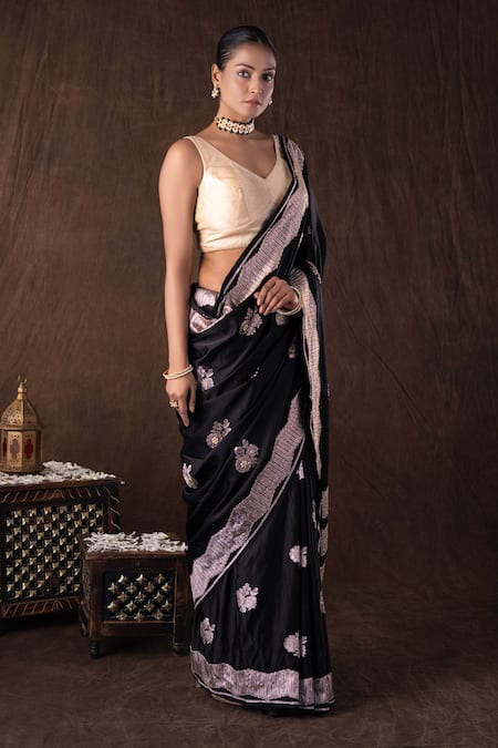 Shop_Zal From Benaras_Black Silk Embroidery, Zari Pure Katan Handwork Saree Set _Online_at_Aza_Fashions