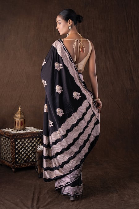 Zal From Benaras Black Pure Katan Silk Handwork Saree Set 