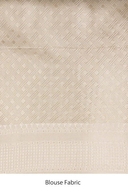 Zal From Benaras_White Silk, Kota Doria Brooches Round Pure Katan Brocade Banarasi Saree Set _Online_at_Aza_Fashions