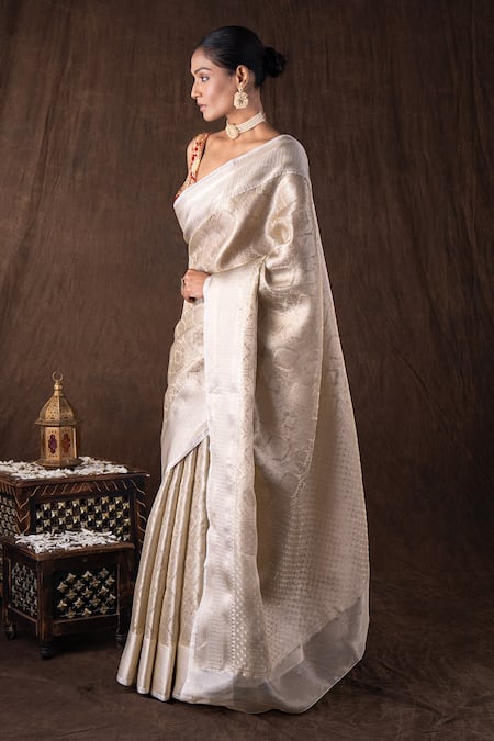 Buy Zal From Benaras White Silk, Kota Doria Brooches Round Pure Katan Brocade Banarasi Saree Set Online at Aza Fashions Buy_Zal From Benaras_White Silk, Kota Doria Brooches Round Pure Katan Brocade Banarasi Saree Set _Online_at_Aza_Fashions