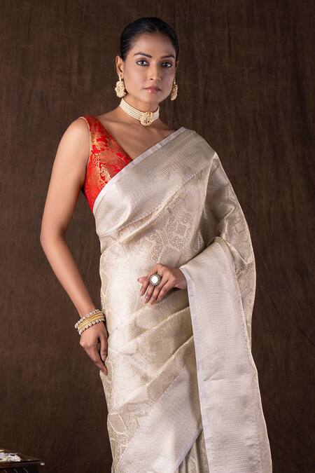 Shop Zal From Benaras White Silk, Kota Doria Brooches Round Pure Katan Brocade Banarasi Saree Set Online at Aza Fashions Shop_Zal From Benaras_White Silk, Kota Doria Brooches Round Pure Katan Brocade Banarasi Saree Set _Online_at_Aza_Fashions