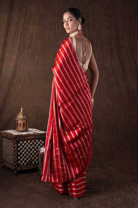 Zal From Benaras Red Chanderi Silver Stripe Banarasi Saree Set 