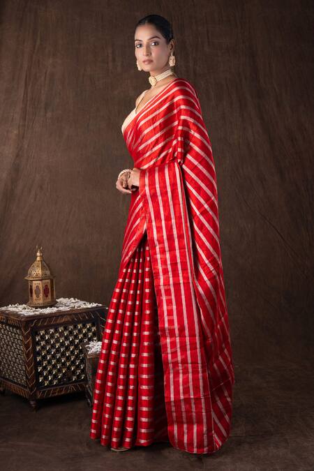 Zal From Benaras_Red Chanderi Silk Silver Stripe Banarasi Saree Set _Online_at_Aza_Fashions