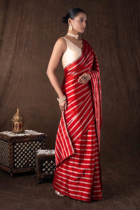 Buy_Zal From Benaras_Red Chanderi Silk Silver Stripe Banarasi Saree Set _Online_at_Aza_Fashions