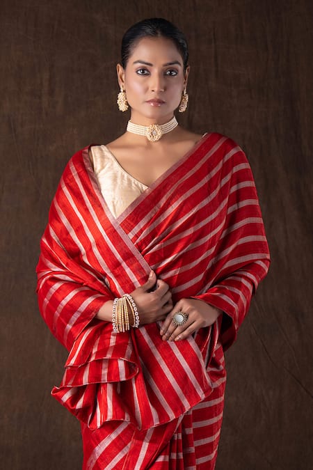 Zal From Benaras_Red Chanderi Silk Silver Stripe Banarasi Saree Set _at_Aza_Fashions