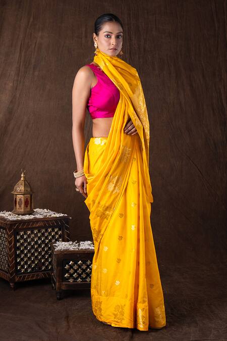 Shop Zal From Benaras Yellow Silk Zari Round Neck Banarasi Saree Set Online at Aza Fashions Shop_Zal From Benaras_Yellow Silk Zari Round Neck Banarasi Saree Set _Online_at_Aza_Fashions