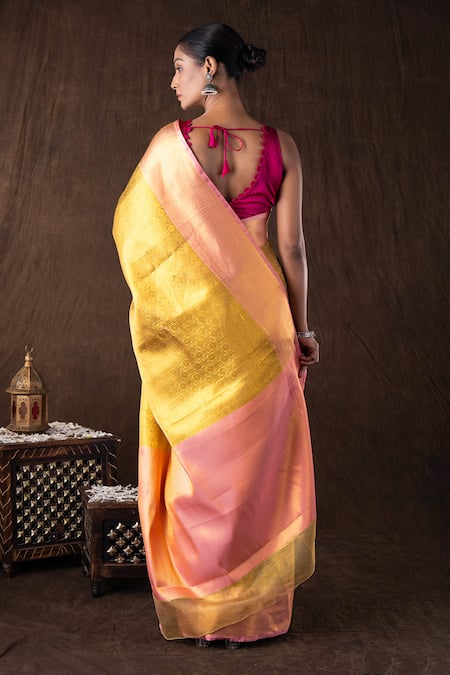 Zal From Benaras Golden-Pink Brocade Banarasi Silk Saree Set 