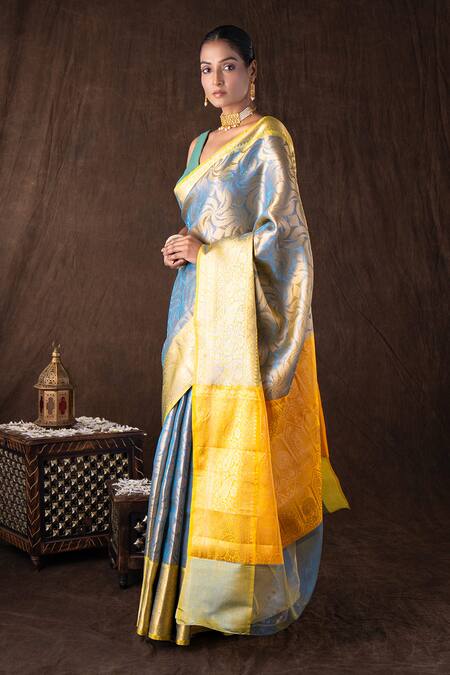 Buy_Zal From Benaras_Blue Silk Zari Sky Yellow Brocade Banarasi Saree Set_Online_at_Aza_Fashions