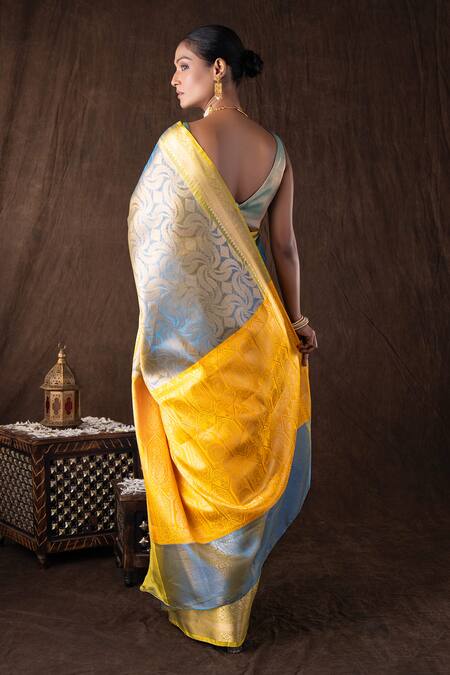 Shop_Zal From Benaras_Blue Silk Zari Sky Yellow Brocade Banarasi Saree Set_at_Aza_Fashions