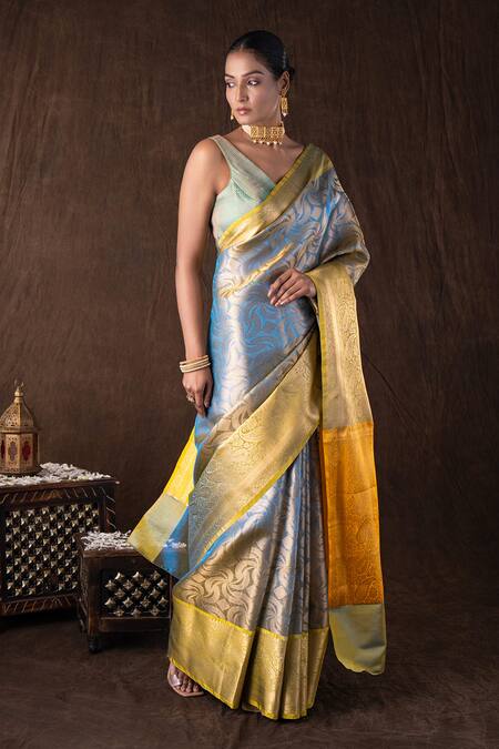 Shop_Zal From Benaras_Blue Silk Zari Sky Yellow Brocade Banarasi Saree Set_Online_at_Aza_Fashions