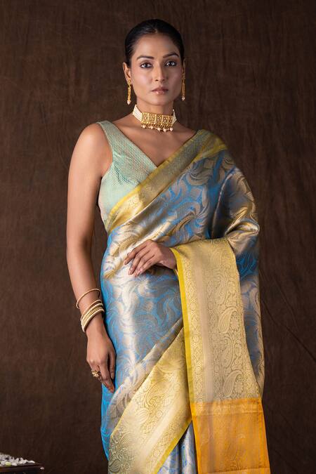 Zal From Benaras_Blue Silk Zari Sky Yellow Brocade Banarasi Saree Set_at_Aza_Fashions