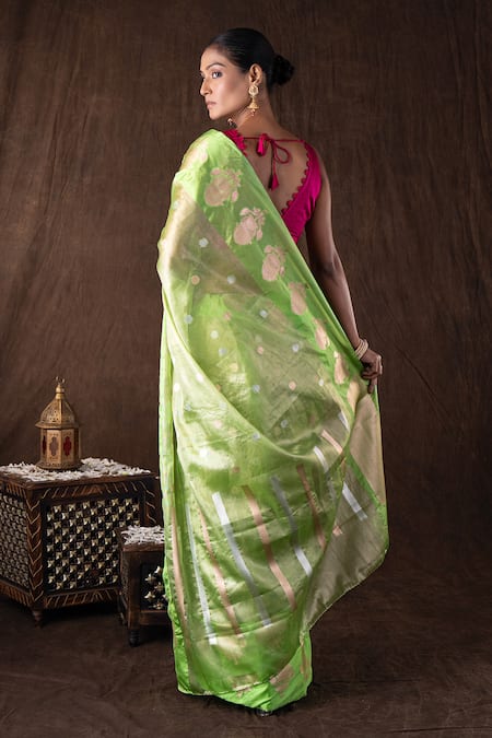 Zal From Benaras Pista Green Tissue Organza Silk Banarasi Saree Set 