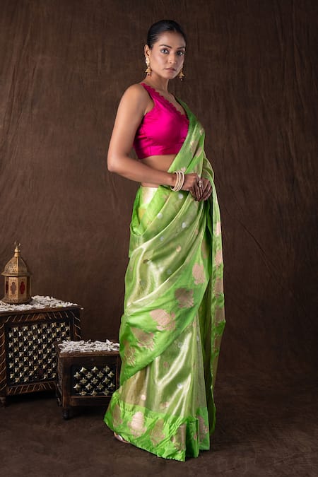 Zal From Benaras Green Tissue, Silk Embroidery Pista Organza Banarasi Saree Set Online at Aza Fashions Zal From Benaras_Green Tissue, Silk Embroidery Pista Organza Banarasi Saree Set _Online_at_Aza_Fashions