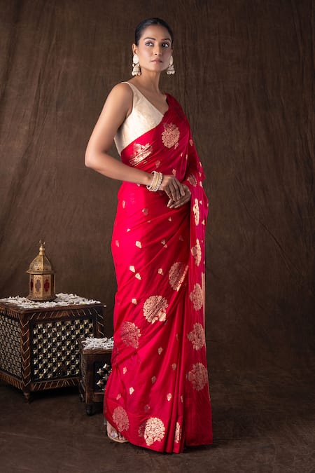 Zal From Benaras_Pink Silk Zari Hot Pure Banarasi Handloom Saree Set _Online_at_Aza_Fashions