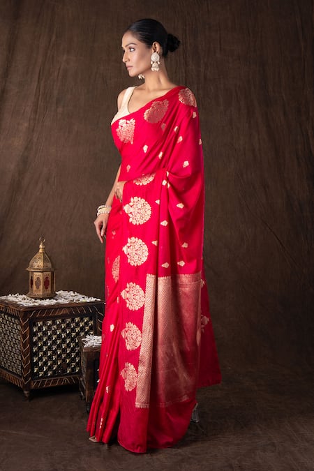 Buy_Zal From Benaras_Pink Silk Zari Hot Pure Banarasi Handloom Saree Set _Online_at_Aza_Fashions