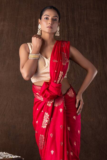 Shop_Zal From Benaras_Pink Silk Zari Hot Pure Banarasi Handloom Saree Set _Online_at_Aza_Fashions