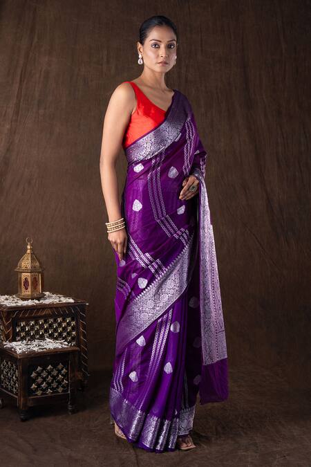 Zal From Benaras Purple Silk Embroidery, Zari Pure Banarasi Handloom Saree Set Online at Aza Fashions Zal From Benaras_Purple Silk Embroidery, Zari Pure Banarasi Handloom Saree Set _Online_at_Aza_Fashions