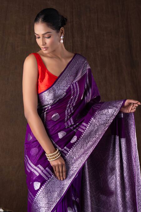 Buy Zal From Benaras Purple Silk Embroidery, Zari Pure Banarasi Handloom Saree Set Online at Aza Fashions Buy_Zal From Benaras_Purple Silk Embroidery, Zari Pure Banarasi Handloom Saree Set _Online_at_Aza_Fashions