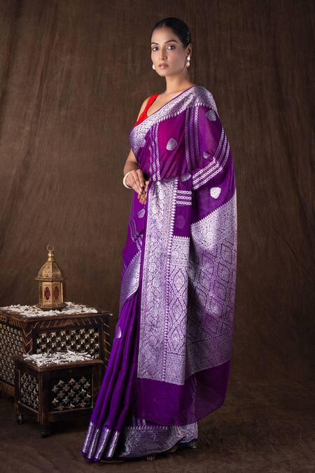 Shop Zal From Benaras Purple Silk Embroidery, Zari Pure Banarasi Handloom Saree Set Online at Aza Fashions Shop_Zal From Benaras_Purple Silk Embroidery, Zari Pure Banarasi Handloom Saree Set _Online_at_Aza_Fashions