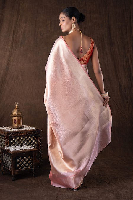 Zal From Benaras Peach Brocade Banarasi Silk Saree Set 