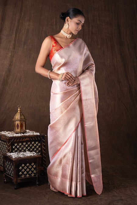 Zal From Benaras_Peach Silk Embroidery Round Neck Brocade Banarasi Saree Set _Online_at_Aza_Fashions