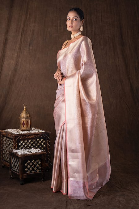 Buy_Zal From Benaras_Peach Silk Embroidery Round Neck Brocade Banarasi Saree Set _Online_at_Aza_Fashions