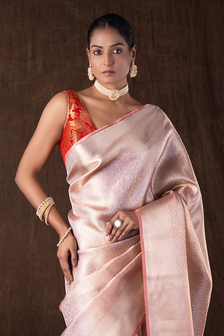 Shop_Zal From Benaras_Peach Silk Embroidery Round Neck Brocade Banarasi Saree Set _Online_at_Aza_Fashions