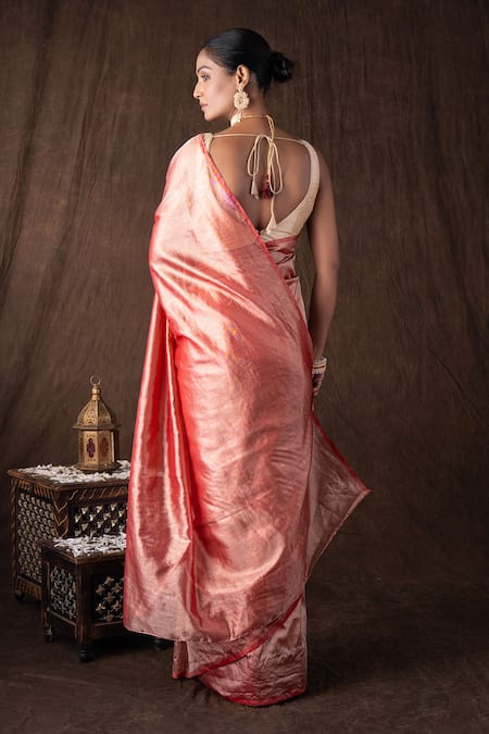 Zal From Benaras Peach Pure Tissue Banarasi Handloom Saree Set 