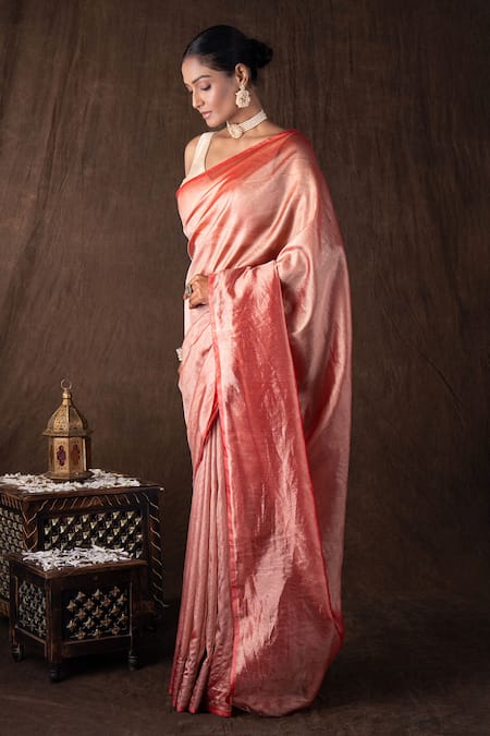Buy Zal From Benaras Peach Tissue, Silk Pure Banarasi Handloom Saree Set Online at Aza Fashions Buy_Zal From Benaras_Peach Tissue, Silk Pure Banarasi Handloom Saree Set _Online_at_Aza_Fashions