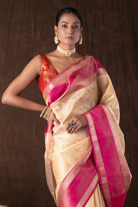 Zal From Benaras_Cream Silk Zari Pink Brocade Banarasi Handloom Saree Set _Online_at_Aza_Fashions