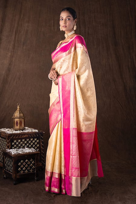 Buy_Zal From Benaras_Cream Silk Zari Pink Brocade Banarasi Handloom Saree Set _Online_at_Aza_Fashions