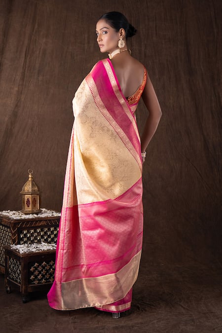 Shop_Zal From Benaras_Cream Silk Zari Pink Brocade Banarasi Handloom Saree Set _at_Aza_Fashions