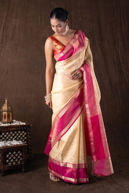 Zal From Benaras_Cream Silk Zari Pink Brocade Banarasi Handloom Saree Set _at_Aza_Fashions