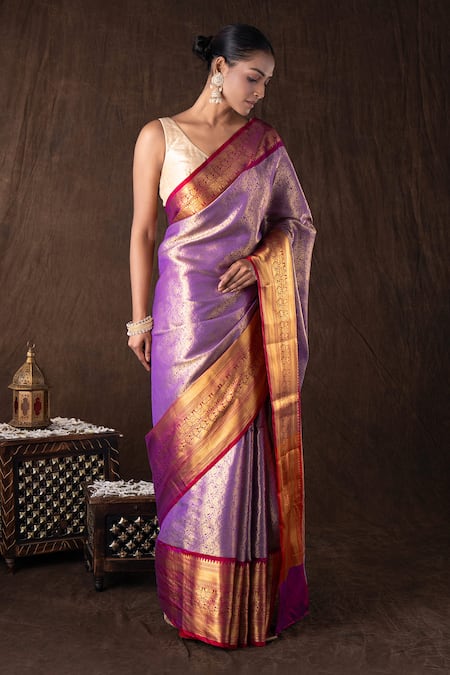 Zal From Benaras_Mauve Tissue, Silk Zari, Embroidery Brocade Banarasi Handloom Saree Set _Online_at_Aza_Fashions