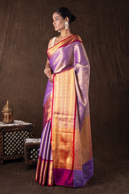 Shop_Zal From Benaras_Mauve Tissue, Silk Zari, Embroidery Brocade Banarasi Handloom Saree Set _Online_at_Aza_Fashions