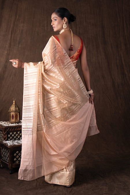 Zal From Benaras Peach Copper Lining Banarasi Saree Set 