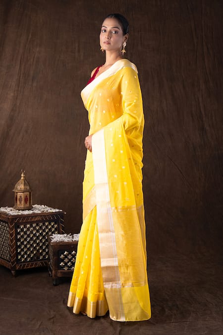 Shop_Zal From Benaras_Yellow Kota Doria, Silk Zari Katan Boota Banarasi Saree Set _Online_at_Aza_Fashions