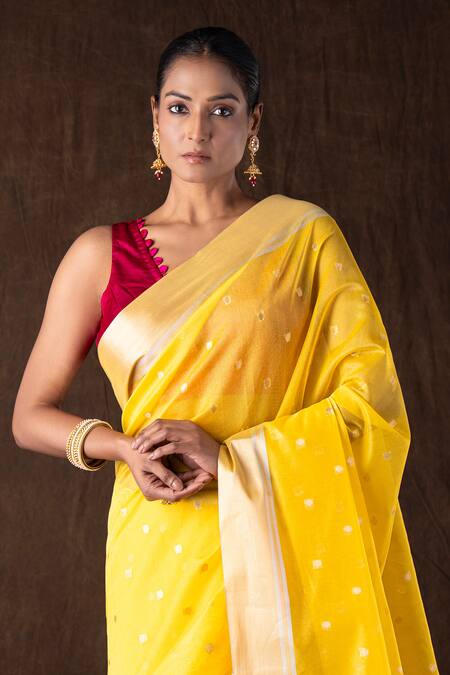 Zal From Benaras_Yellow Kota Doria, Silk Zari Katan Boota Banarasi Saree Set _at_Aza_Fashions