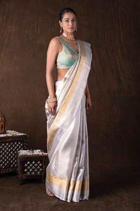 Zal From Benaras_Silver Kota Doria, Silk Zari V-neck Golden Kanjivaram Banarasi Saree Set _Online_at_Aza_Fashions