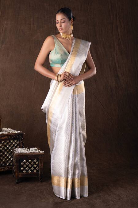 Buy_Zal From Benaras_Silver Kota Doria, Silk Zari V-neck Golden Kanjivaram Banarasi Saree Set _Online_at_Aza_Fashions