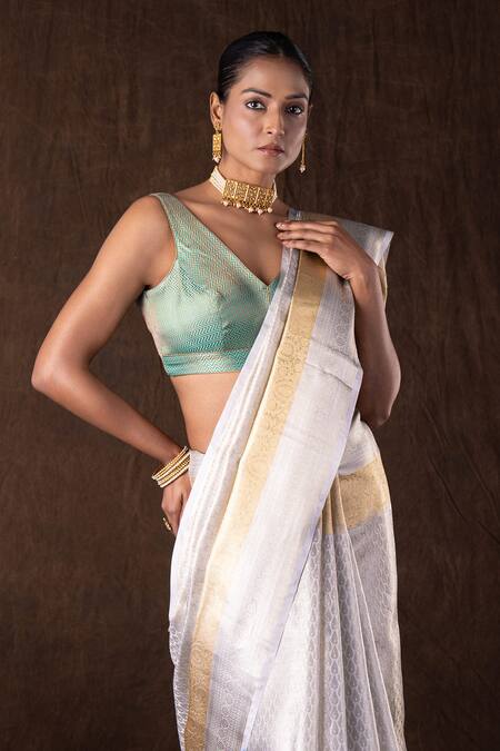 Shop_Zal From Benaras_Silver Kota Doria, Silk Zari V-neck Golden Kanjivaram Banarasi Saree Set _Online_at_Aza_Fashions