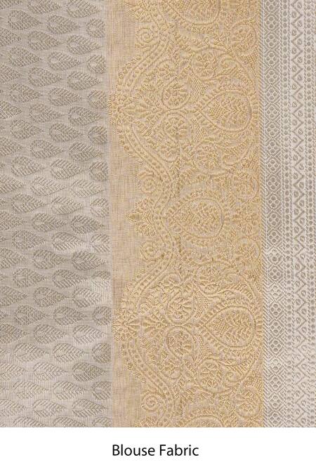 Zal From Benaras_Silver Kota Doria, Silk Zari V-neck Golden Kanjivaram Banarasi Saree Set _at_Aza_Fashions