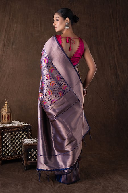 Zal From Benaras Navy Blue Pure Silk Brocade Banarasi Saree Set 