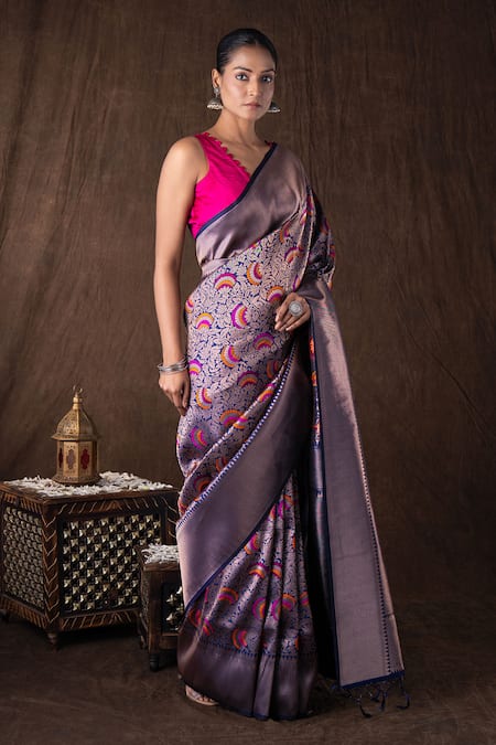 Buy Zal From Benaras Blue Silk Zari Navy Pure Brocade Banarasi Saree Set Online at Aza Fashions Buy_Zal From Benaras_Blue Silk Zari Navy Pure Brocade Banarasi Saree Set _Online_at_Aza_Fashions