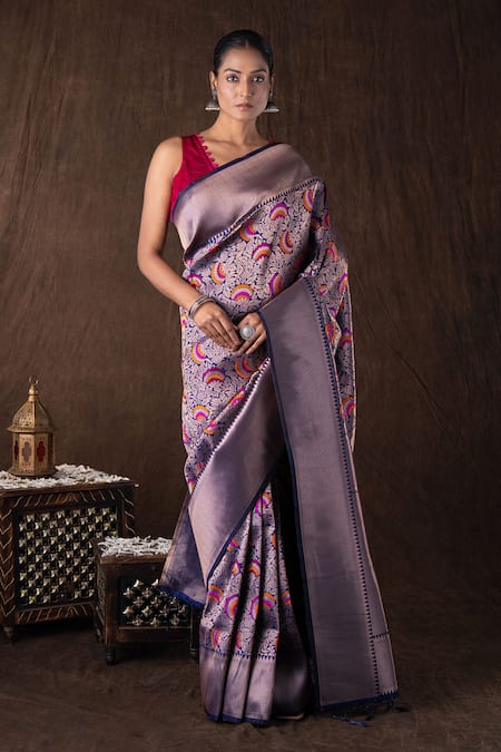 Shop Zal From Benaras Blue Silk Zari Navy Pure Brocade Banarasi Saree Set Online at Aza Fashions Shop_Zal From Benaras_Blue Silk Zari Navy Pure Brocade Banarasi Saree Set _Online_at_Aza_Fashions