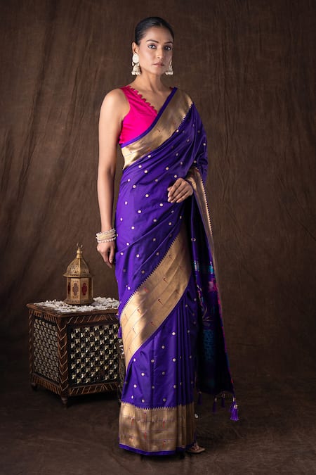 Zal From Benaras_Purple Silk Zari, Tassels, Embroidery Pure Banarasi Handloom Saree Set _Online_at_Aza_Fashions
