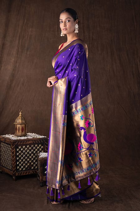 Buy_Zal From Benaras_Purple Silk Zari, Tassels, Embroidery Pure Banarasi Handloom Saree Set _Online_at_Aza_Fashions